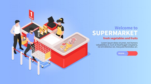 Diseño isométrico horizontal del sitio web del supermercado con verduras en línea, frutas, supermercado, canasta de oferta, clientes, símbolos de pago