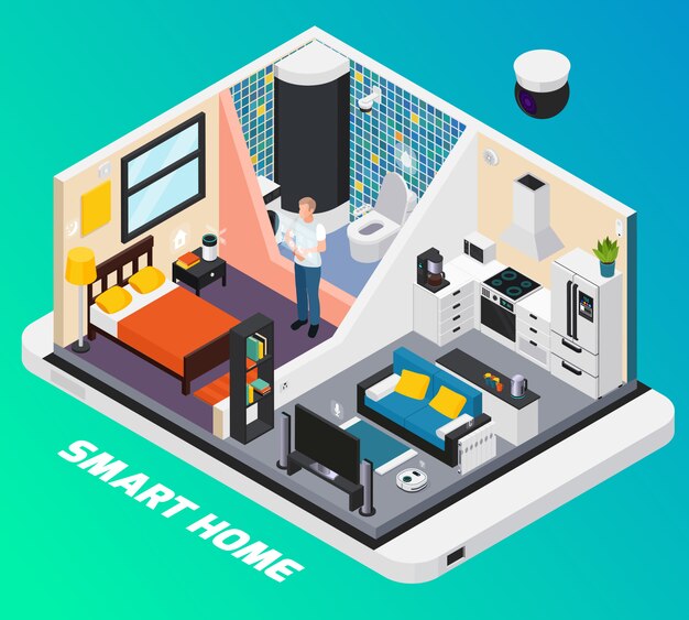 Diseño isométrico interior del hogar inteligente con sistema de luz estufa TV controlada con ilustración de dispositivos móviles portátiles