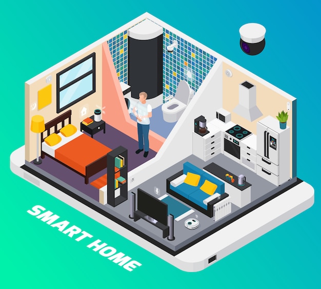 Diseño isométrico interior del hogar inteligente con sistema de luz estufa TV controlada con ilustración de dispositivos móviles portátiles