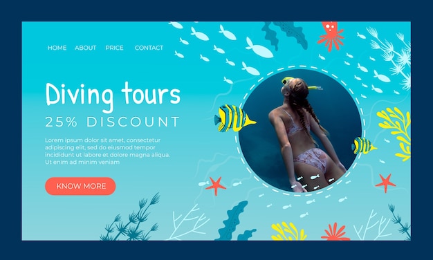 Vector gratuito diseño de landing page de buceo dibujado a mano