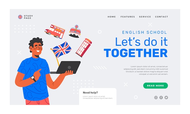 Vector gratuito diseño de landing page de escuela de inglés dibujado a mano