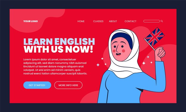 Diseño de landing page de escuela de inglés dibujado a mano