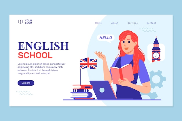 Vector gratuito diseño de landing page de escuela de inglés dibujado a mano