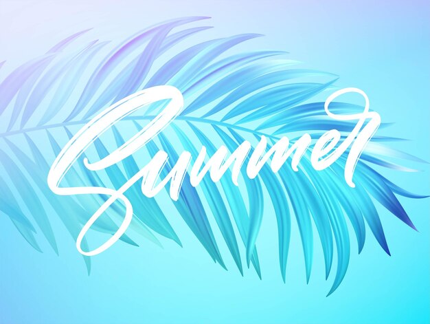 Diseño de letras de verano en un colorido fondo de hojas de palmera azul y púrpura
