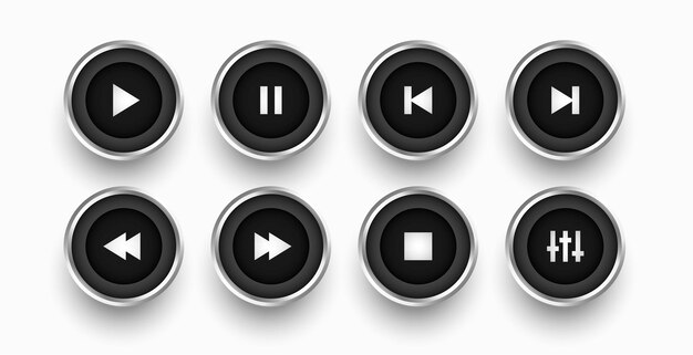 diseño de letreros de botones multimedia en negro y metálico