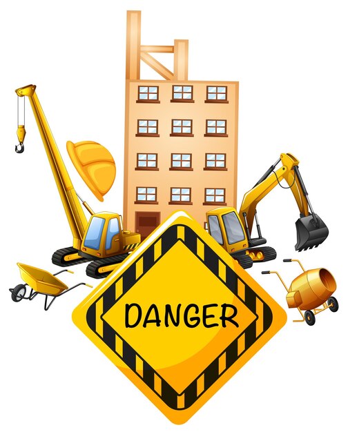 Diseño de letreros con equipos de construcción.