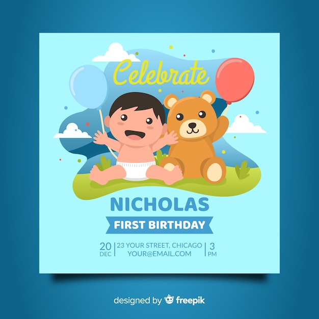 Vector gratuito diseño lindo de tarjeta del primer cumpleaños