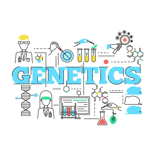 Diseño lineal de biotecnología con especialistas en títulos azules y equipo científico de bacterias y animales.