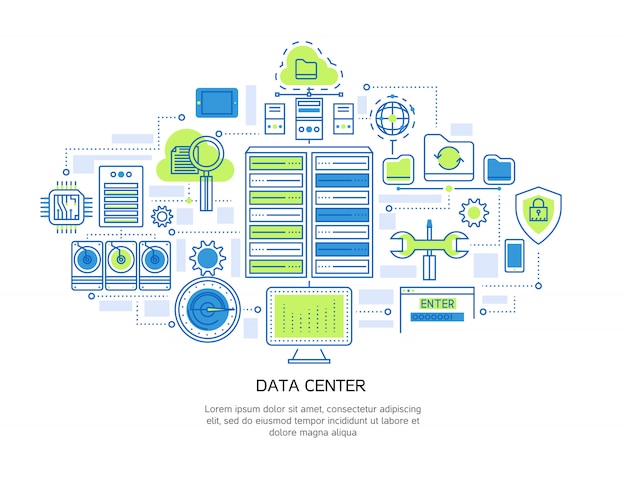 Diseño lineal del centro de datos que incluye infraestructura de servidor y seguridad de la información, almacenamiento en la nube y sistema de microchip