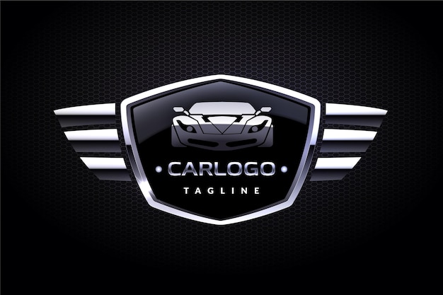 Diseño de logotipo de coche metálico realista.