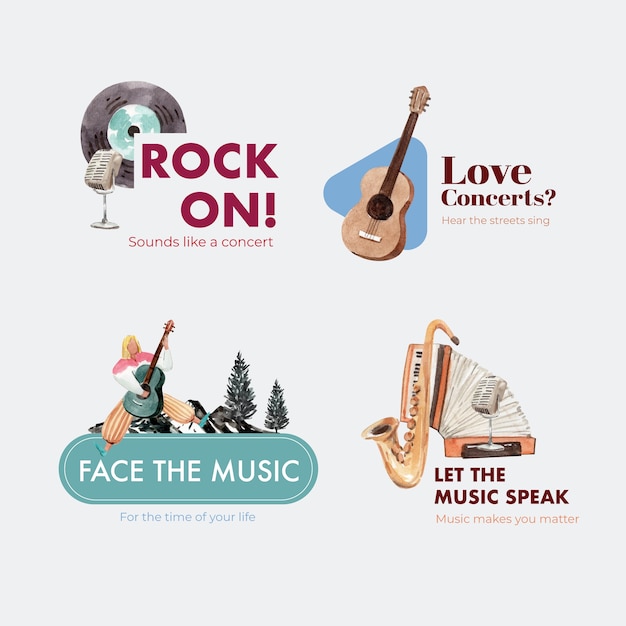 Vector gratuito diseño de logotipo con diseño de concepto de festival de música para branding y marketing ilustración vectorial de acuarela