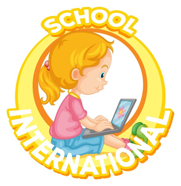 Diseño de logotipo de escuela internacional con niña trabajando en computadora