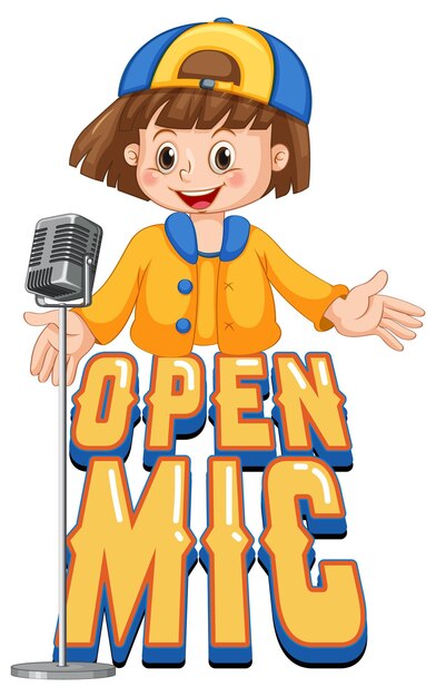 Diseño de logotipo de micrófono abierto con personaje de dibujos animados de chica cantante