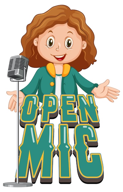 Diseño de logotipo de micrófono abierto con personaje de dibujos animados de chica cantante