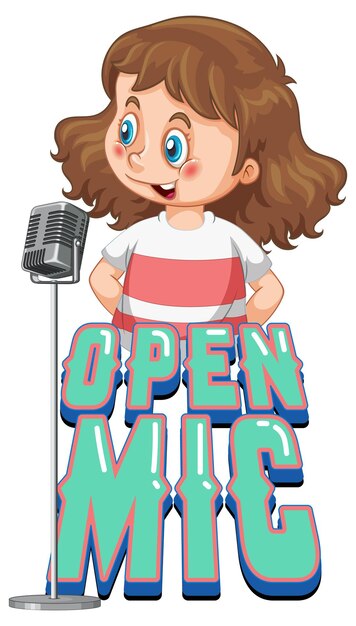 Diseño de logotipo de micrófono abierto con personaje de dibujos animados de chica cantante