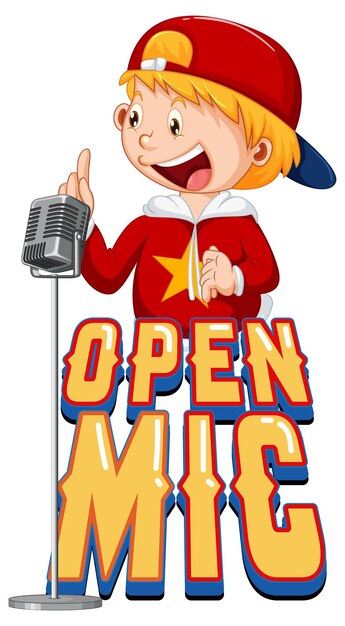 Diseño de logotipo de micrófono abierto con personaje de dibujos animados de chico cantante