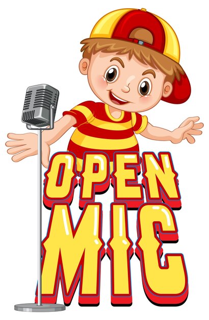 Diseño de logotipo de micrófono abierto con personaje de dibujos animados de chico cantante