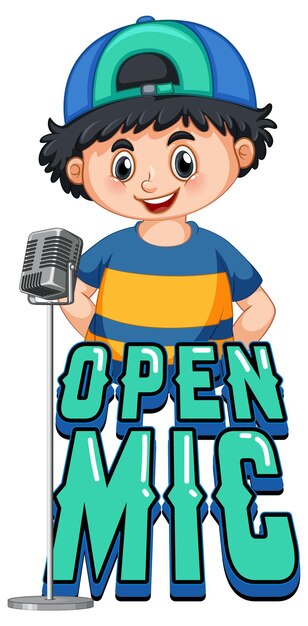 Diseño de logotipo de micrófono abierto con personaje de dibujos animados de niño