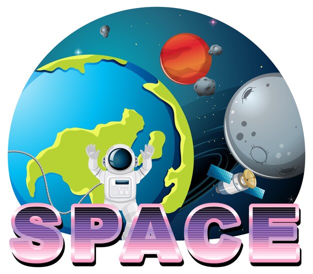 Diseño de logotipo de palabra espacial con astronauta y tierra