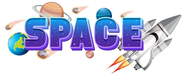 Diseño de logotipo de palabra espacial con nave espacial.