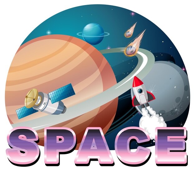 Diseño de logotipo de palabra espacial con nave espacial.