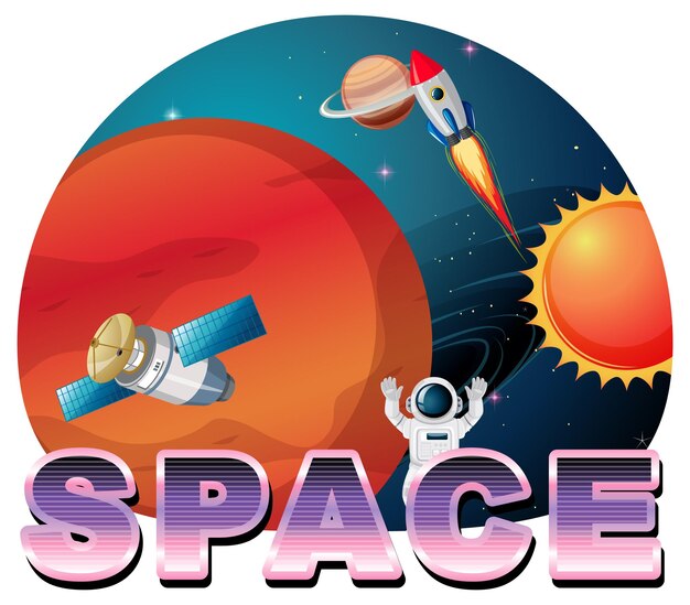 Diseño de logotipo de palabra espacial con satélite y planeta.