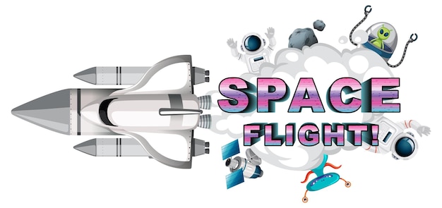 Diseño de logotipo de palabra de vuelo espacial con nave espacial