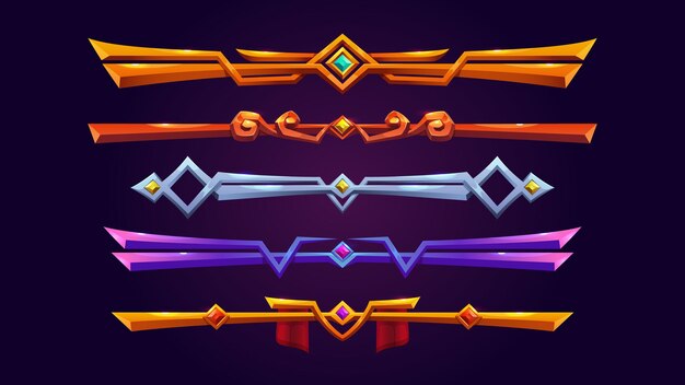 Diseño de marco de botón de interfaz de usuario de borde de juego de fantasía dorada Icono de elemento de interfaz de metal dorado medieval para rpg Etiqueta de signo divisor con juego de hud de piedra de gema Ilustración de insignia de línea decorativa de dibujos animados para aplicación