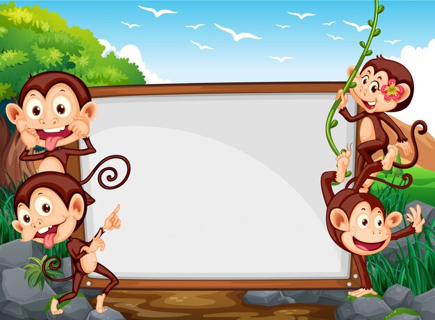 Diseño de marco con cuatro monos en el campo.