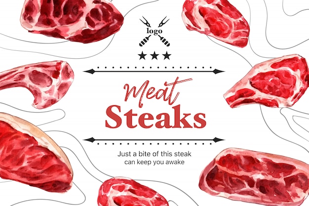 Vector gratuito diseño de marco de filete con varios tipos de ilustración acuarela de carne.