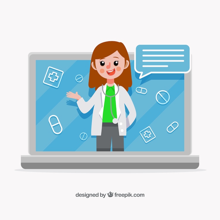Vector gratuito diseño de médico online con doctora en portátil