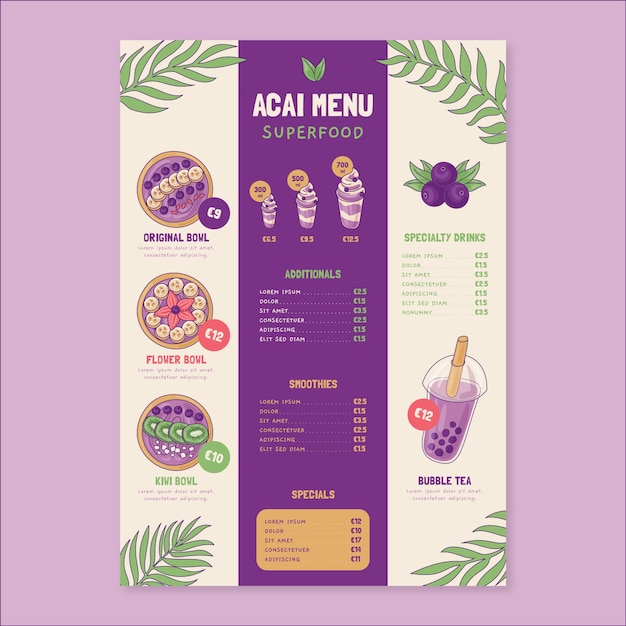 Diseño de menú de acai dibujado a mano