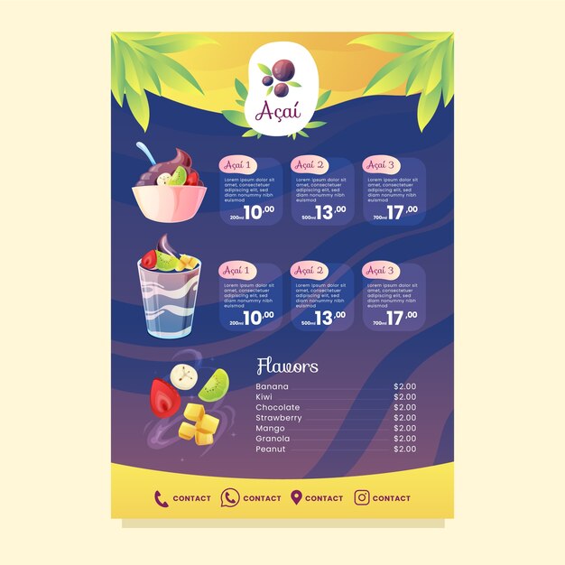 Diseño de menú de acaiteria degradado.