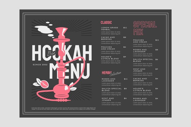 Diseño de menú de cachimba dibujado a mano