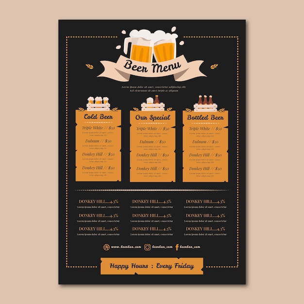 Diseño de menú de cerveza dibujado a mano