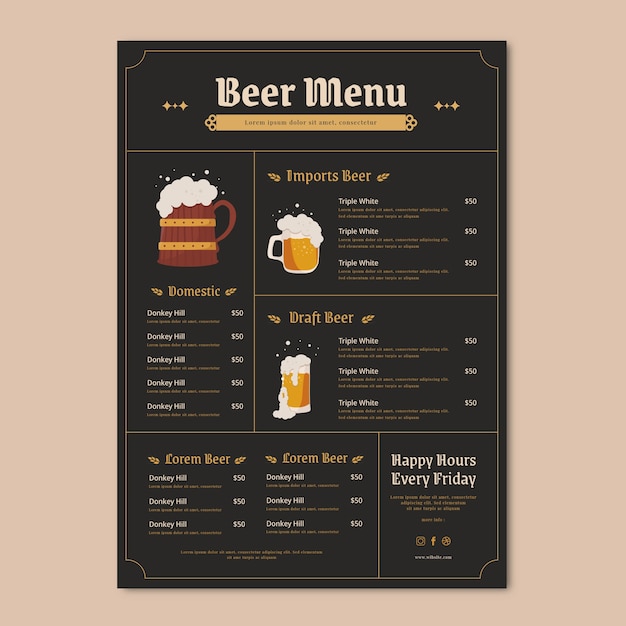 Diseño de menú de cerveza dibujado a mano