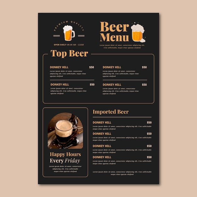 Diseño de menú de cerveza dibujado a mano