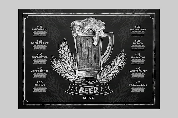 Diseño de menú de cerveza dibujado a mano