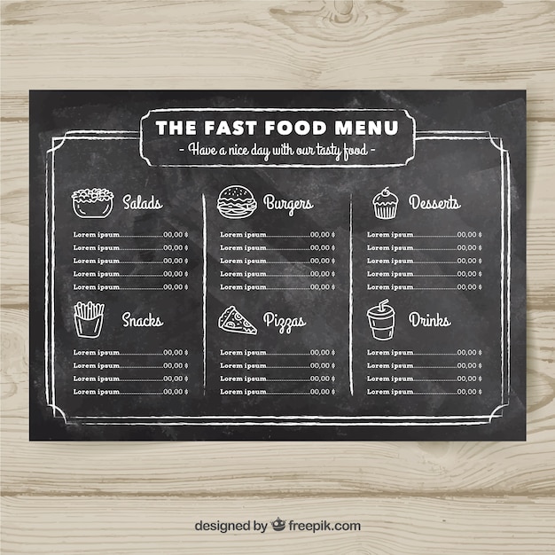 Diseño de menú de comida rápida en estilo de tiza