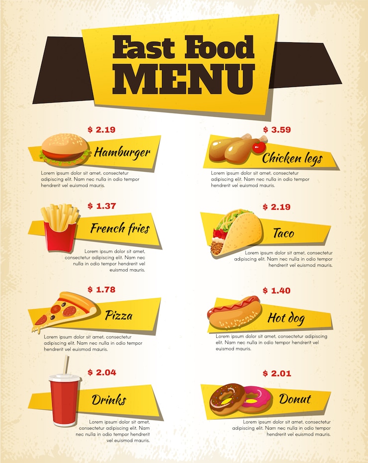 Vector gratuito diseño de menú de comida rápida