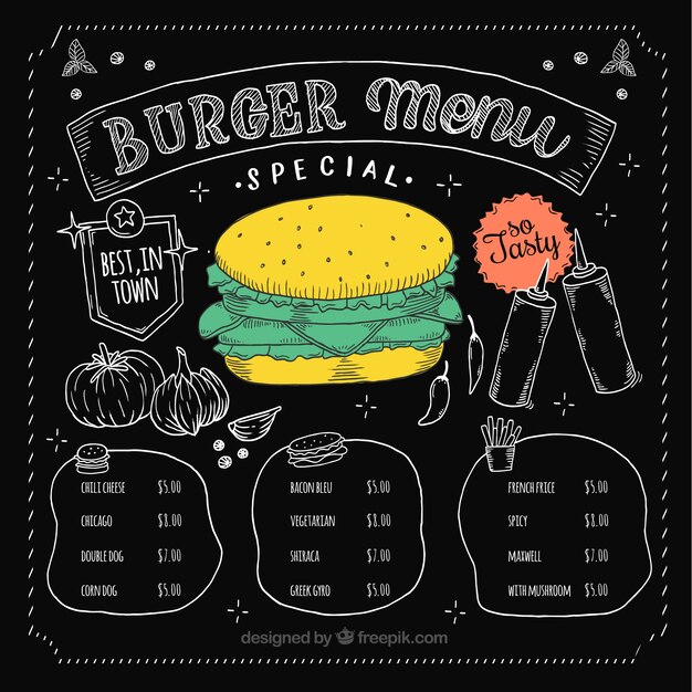 Diseño de menú de hamburguesa dibujado a mano