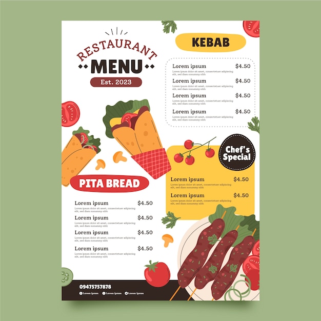 Diseño de menú de kebab dibujado a mano
