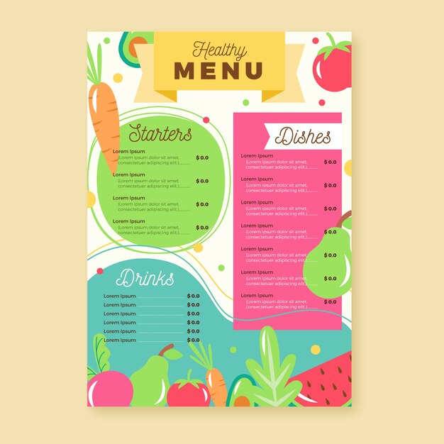 Diseño de menú de restaurante de comida saludable.