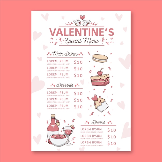 Diseño del menú del restaurante del día de San Valentín