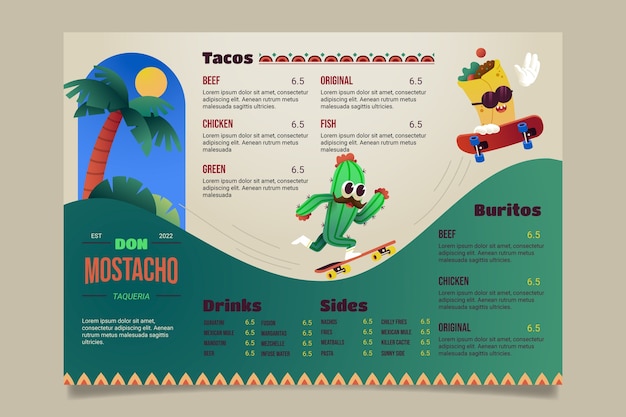 Vector gratuito diseño de menú de taquería degradado.