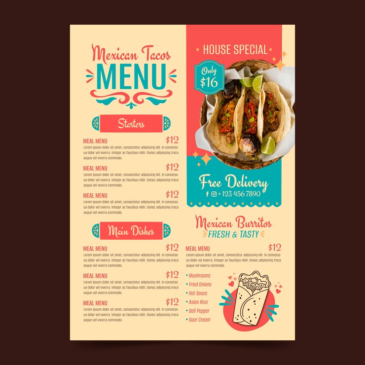 Vector gratuito diseño de menú de taquería dibujado a mano