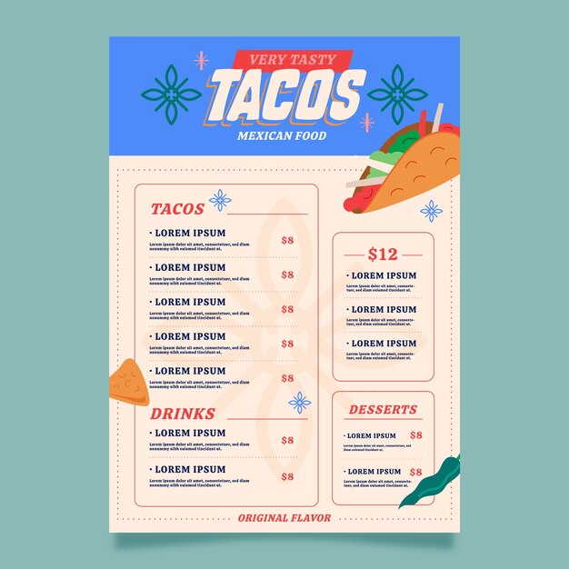 Diseño de menú de taquería de diseño plano