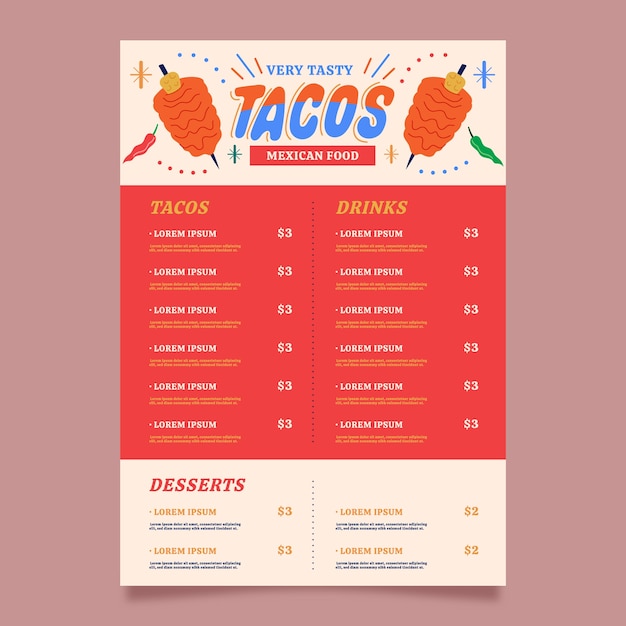 Vector gratuito diseño de menú de taquería de diseño plano