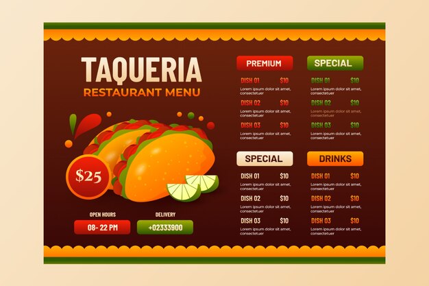 Diseño de menú de taquería realista.