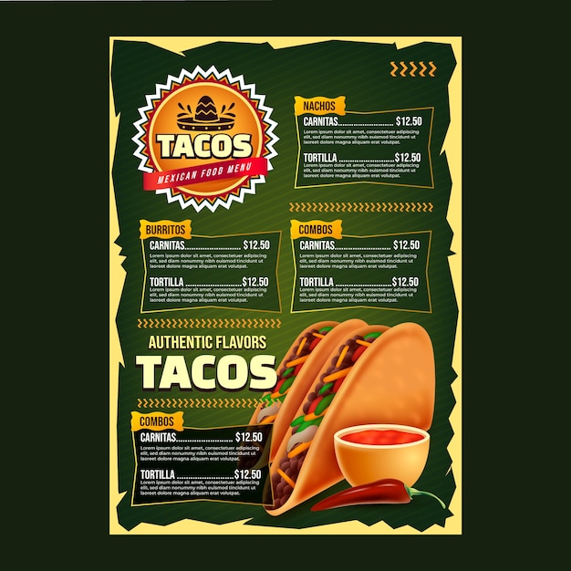 Vector gratuito diseño de menú de taquería realista.